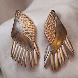 Tribal Brass Dangly Earrings Textured‎ Design Fringe Vintage Large Metal